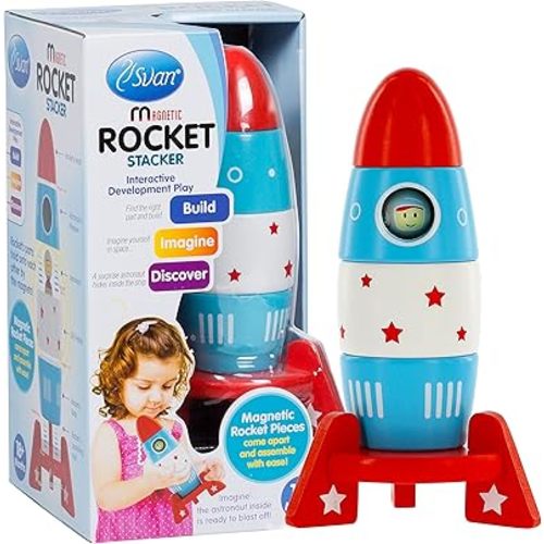 Wooden Stacker Toy Space Rocket - 6 Magnetic Stacking Pieces - Magnet Building Set with Surprise Astronaut Inside, Fun Hands On Game for Kids, All Natural Wood Set, Childrens Interactive Play Gift