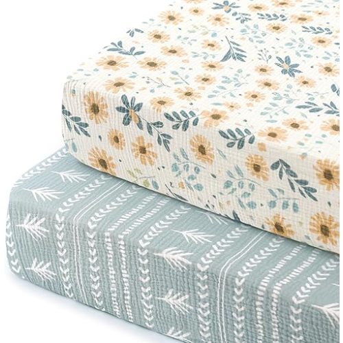 GRSSDER 100% Cotton Muslin Crib Sheet 2 Pack - Breathable & Ultra-Soft Fitted Crib Sheets for Standard Baby & Toddler Mattresses, 52"x28" with 9" Deep Pocket, Snug Fit All-Around Elastic