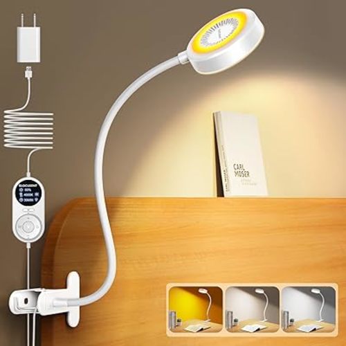 Glocusent 5W 72 LED Reading Clip on Light for Bed, Eye Caring Bed Lamp, 3 Colors & 5 Brightness Levels for Headboard with Adapter, Perfect for Reading, Working & Studying (White 2.0)
