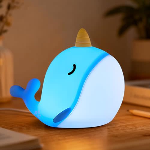 Narwhal Night Light, USB-C Rechargeable Silicone Lamp with Tap Control, 3-Level Dimming & 30-Min Auto Timer, 7-Color Changing Squishy Nursery Light, Birthday Gift for Kids