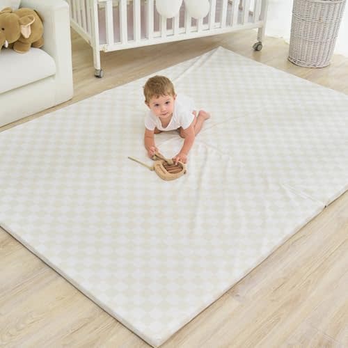 Large Vegan Leather Baby Play Mat for Floor,1.3"Thick Foam 59x82 Foldable Waterproof Kids Play Mat,Stylish and Just Wipe-Clean Playmat for Baby Play on Floor (Beige Checker)