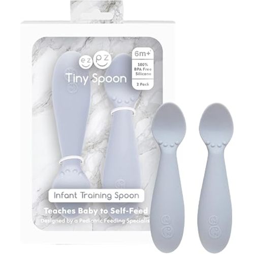 ezpz Tiny Spoon (2 Pack in Pewter) - 6 Months+ - Baby Led Weaning Essentials