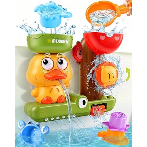 Toddler Bath Toys for Kids Ages 1-3 Waterfall Bathtub Toys for Toddlers 2-4 | with 3 Stacking Cups No Mold Baby Bath Toys Interactive Duck Water Shower Toys for Boys Girls Gifts with Strong Suction Cups
