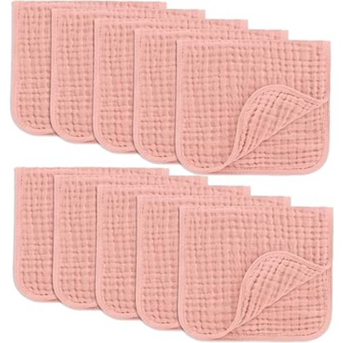 Comfy Cubs Muslin Burp Cloths Baby 50 x 25 cm, Pack of 10 - Large 6-Layer Ultra-Absorbent 100% Cotton for Babies Drool & Messes - Soft & Gentle Burp Cloth Baby Set for Boys & Girls - Bold Blush