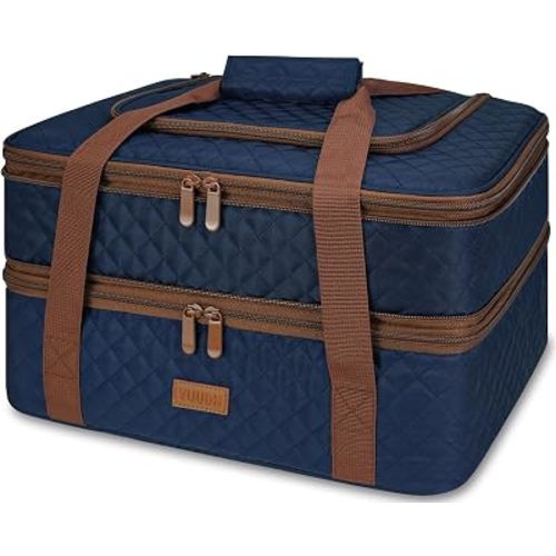 Quilted Insulated Double Casserole Carrier - Thermal Lunch Tote for Potluck Parties, Picnic, Beach, Fits 9 x 13 Inches Baking Dish, Casserole Dish, Expandable (Blue)
