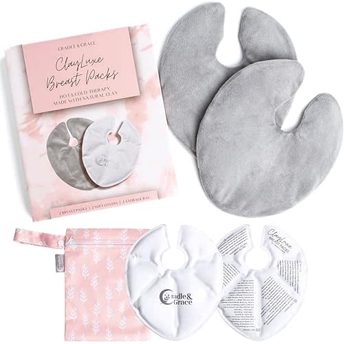 Cradle & Grace ClayLuxe Breast Therapy Packs, Natural Clay Hot & Cold Breast Pads with Covers & Bag, Reusable Breast Ice Packs for Mom's Breastfeeding Essentials