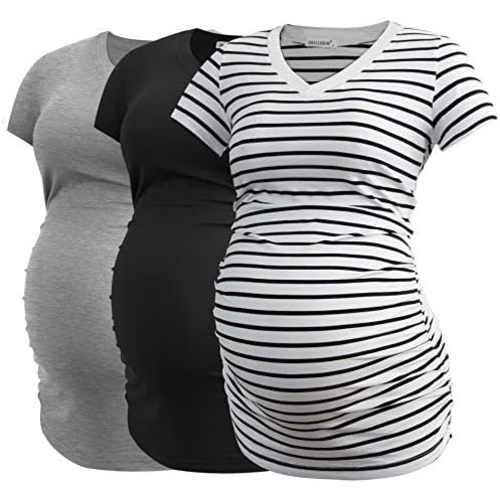 Smallshow Women's V Neck Maternity Clothes Tops Side Ruched Pregnancy T Shirt