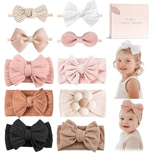 Niceye 10-Style Baby Girl Bows & Headbands Set-Newborn Hair Accessories Gift Box Soft Nylon Non-Slip Bows for Infants 0-24 Months