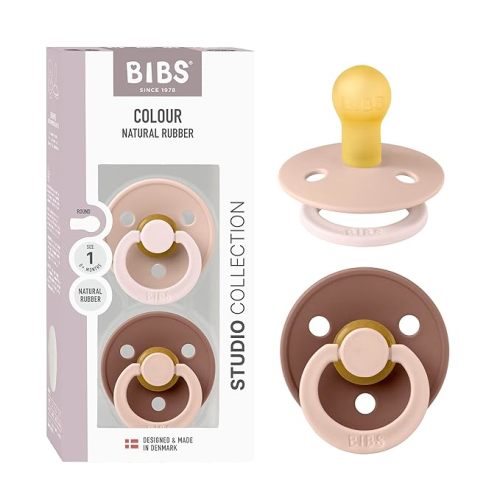 BIBS Colour Studio Pacifier 2-Pack, BPA Free, Round Nipple. Natural Rubber Latex, Made in Denmark, Size 1 (0-6 Months) - Blush/Woodchuck