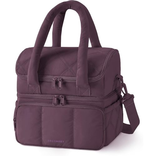 BAGSMART Lunch Bag Women, Double Deck Insulated Lunch Box, Quilted Puffer Lunch Tote, Leakproof, Durable & Reusable Large Lunch Cooler For Work Picnic Travel Meal Prep, Blackberry