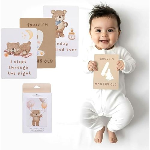 Living Textile Baby Monthly Milestone Cards - 13 Double-Sided Jungle Animal Photo Props - Capture Baby Milestones from Newborn to 1 Year - Gift Baby Shower, Boy Girl Nursery (Wild Safari)