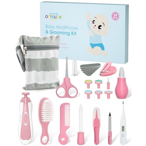 OTTOLIVES Baby Healthcare and Grooming Kit, 24 in 1 Baby Electric Nail Trimmer Set Newborn Nursery Health Care Set for Newborn Infant Toddlers Baby Boys Girls Kids Haircut Tools (0-3 Years+) (Pink)