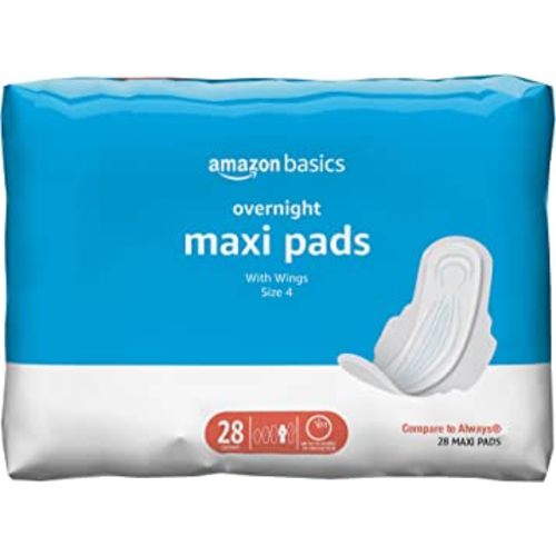 Amazon Basics Thick Maxi Pads with Wings for Periods - Overnight Absorbency, Unscented, Size 4, 28 Count (Previously Solimo)