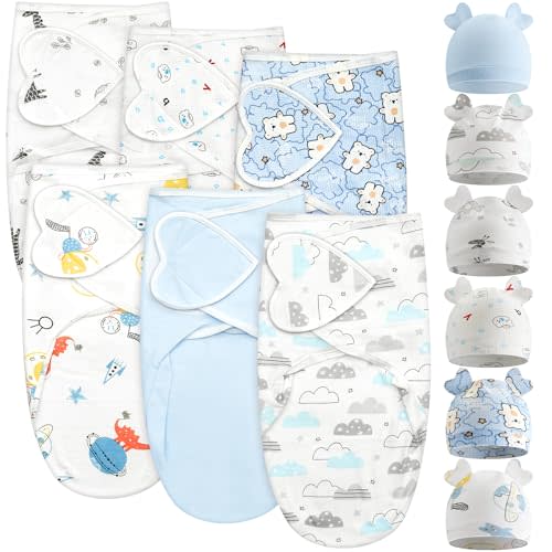 Ramede 6 Pack Swaddle Blanket with Hats Swaddle Outfit for 0-3 Months Newborn Sacks Soft Cotton Wearable Baby Shower Gifts for Girl and Boy
