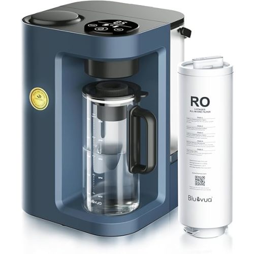 Bluevua RO100ROPOT-Lite(UV) Countertop Reverse Osmosis Water Filter System, 7-Stage Purification with UV and Remineralization, 3:1 Pure to Drain, Portable Water Purifier (Blue)