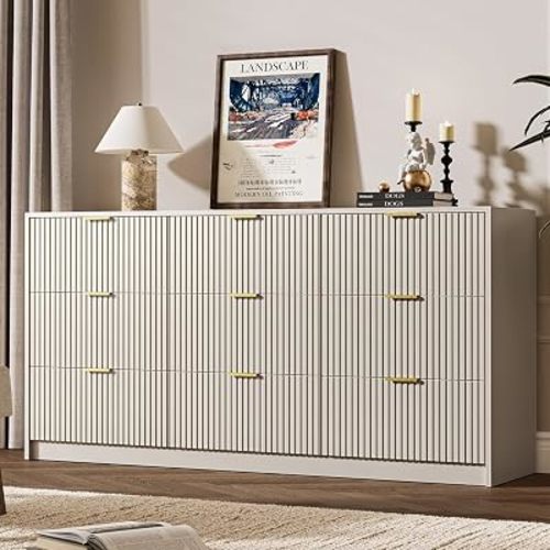 MAISONARIA Beige 9 Drawer Dresser for Bedroom, 63" Wide Modern Fluted Dresser with Gold Metal Handles, Chest of Drawers for Bedroom, Living Room, Entryway, Hallway