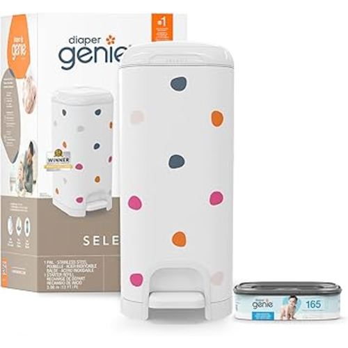 Diaper Genie Select Pail (Multi-Color Polka Dot) is Made of Durable Stainless Steel and Includes 1 Starter Square Refill That can Hold up to 165 Newborn-Sized Diapers.