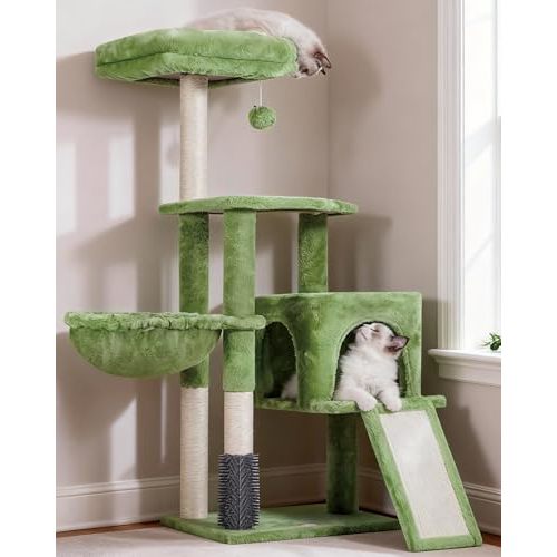 Heybly Cat Tree with Cat Self Groomer Brush, Cat Tower Condo for Indoor Cats with Padded Plush Perch, Cat House with Basket Scratching Board Post, Green HCT005SGR
