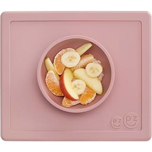 ezpz Happy Bowl - 24 Months + (Blush) - 100% Silicone Suction Bowl with Built-in Placemat – Dishwasher Safe