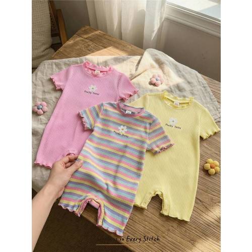 Cozy Pixies 3pcs Baby Girl Floral & Striped Knit Soft Round Neck Short Sleeve Romper & Shorts Set | SHEIN USA