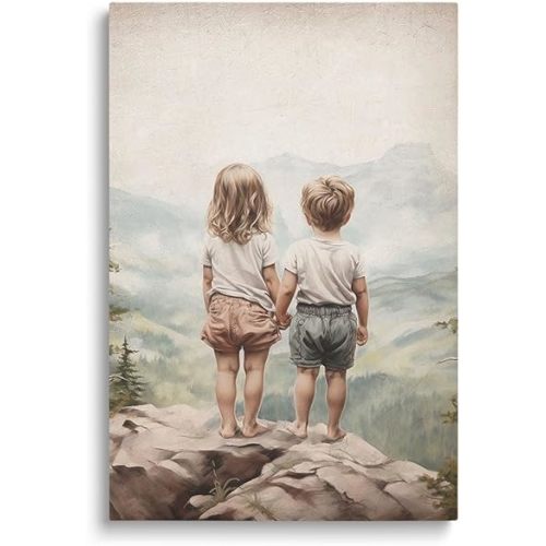 SKYSUKEY Baby Boy Girl Adventure Nursery Decor, Adventure Nursery Wall Decor, Watercolor Mountain Landscape Wall Art Kids Room Decor, Woodland Nursery Decor for Baby Room, Brother and Sister, 20"x28"