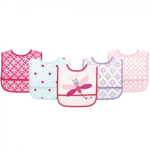 Luvable Friends Baby Girl Waterproof PEVA Bibs 5pk, Dragonfly, One Size