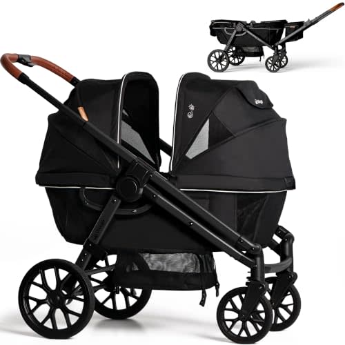 Weego Lightweight Wagon Stroller for 2 Kids, Foldable All-Terrain, Black | Double stroller wagon with removable canopy, adjustable push-pull handle, snack tray, cup holders and storage basket.