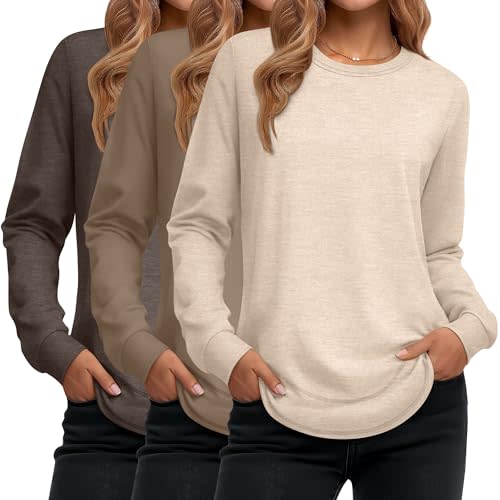 Ficerd 3 Pack Women's Long Sleeve Shirts | Cotton Tunic Sweatshirts, Loose Fit Curved Hem Pullover Sweaters, Crew Neck Casual Tops, Ladies' Fall Winter Clothes