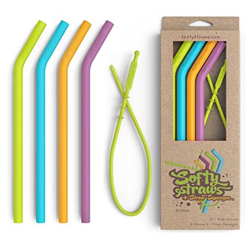 Softy Straws Wide Premium Reusable Silicone Drinking Straws + Patented Straw Squeegee - 9” Long With Curved Bend for 20 30 32 oz Tumblers Non Rubber, Flexible, Safe for Kids/Toddlers, Smoothie