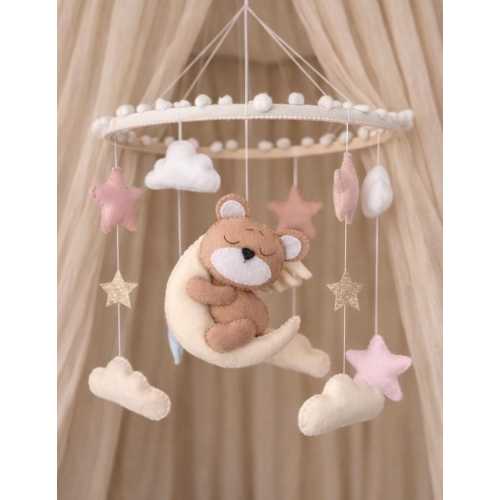 Teddy Bear Baby Mobile Girl – Sleeping Bear with Pink Stars and Clouds – Crib Mobile – Boho Nursery Decor – Baby Shower Gift
