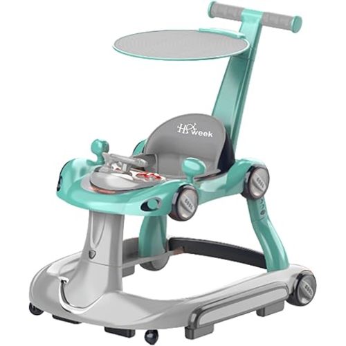 Baby Walker with Wheels, 7-in-1 Foldable Baby Walkers for Boys Girls 6-12 Months with Feeding Tray & Music, Lights,Rocker,Sun Canopy, Bouncing Pedal, Adjustable Wheel Speed, Push Walker(Green)