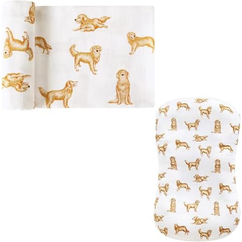 LifeTree Muslin Swaddle Blanket, 70% Viscose from Bamboo and 30% Cotton, Large 47 x 47 inches and Baby Lounger Cover 1 Pack Dog Pattern