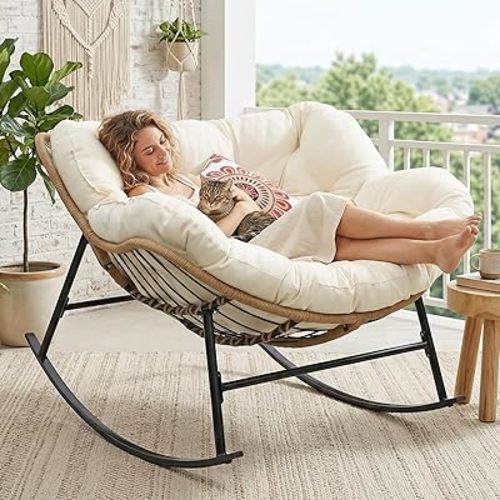 FINCATI Outdoor Indoor Papasan Rocking Chair, Oversized Wicker Lounge Chair