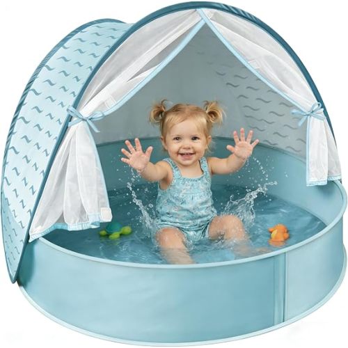 Pop-Up Baby Beach Pool Tent with Mat, Mosquito Net, Detachable Canopy | UPF 50+ Sun Protection Bug-Proof Baby-Safe Material Heat-Reflective Coating Lightweight Portable Wind-Secure Water-Resistant