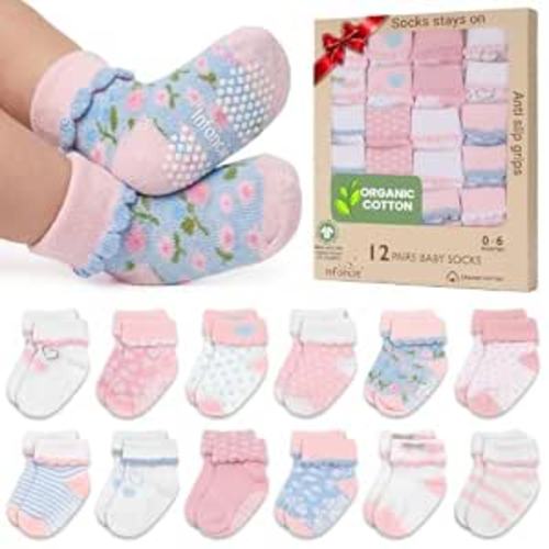 GOTS Organic Cotton Blend 12 Baby Newborn Socks 0-6 M Girl Non Slip Gift | Oeko-Tex Certified, Baby Socks, 12 Pairs, Baby Girl Socks, Baby Girl Socks, Pink, For Baby Girls, 0-6 Months, Baby Socks