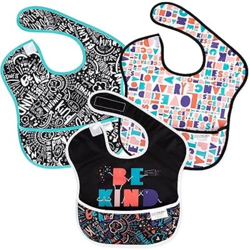 Bumkins Bibs for Girl or Boy, SuperBib Baby and Toddler for 6-24 Months, Essential Must Have for Eating, Feeding, Baby Led Weaning Supplies, Mess Saving Catch Food, Fabric 3-pk Be Kind