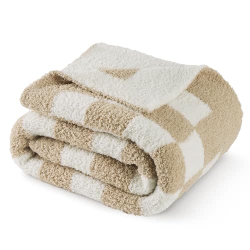 Bedsure Plaid Throw Blanket for Couch, Twin Size - Super Soft, Cozy & Warm Knit Blanket, Breathable, Lightweight & Fluffy for Women Bedding Sofa, Gentlesoft, Beige, 60x80 Inches