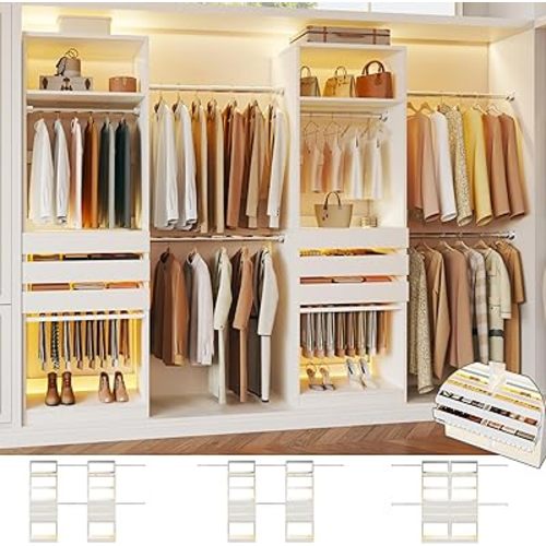 Closet System, 5.7-10.4FT Closet Organizer System with 6 Wood Drawers & LED Glasstop, Wood Walk-in Closet with 10 Hanging Rods & Trouser Rack, Built-in Wardrobe Garment Rack with Shelves & Tower,White