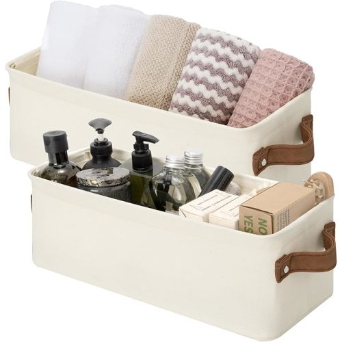 StorageWorks Narrow Storage Bins, Small Basket for Closet and Shelves, Fabric Organizer with Handles, Toilet Paper Storage, Natural Color, 2-Pack