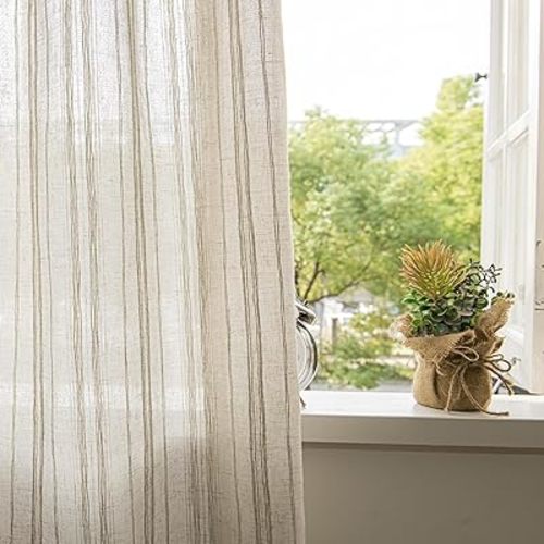 Linen Textured Striped Sheer Curtains for Living Room 96 inches Long 2 Panels Rod Pocket Farmhouse Light Filtering Window Drapes for Bedroom Dining