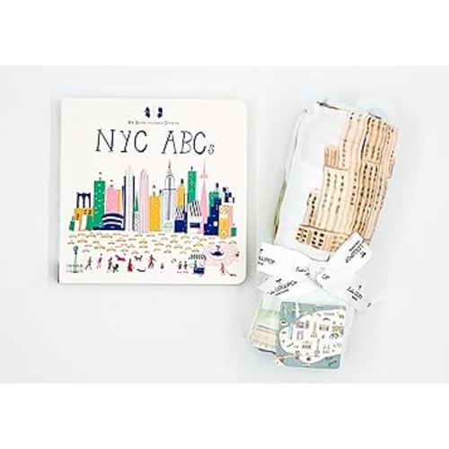 NYC Baby Shower Gift from Cotte Mini Includes an NYC ABCs Board Book with Playful Illustrations and a Soft Bamboo/Cotton Muslin Swaddle—Lightweight, Breathable, and Perfect for Everyday use.