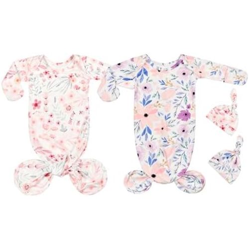 Newborn Baby Cotton Knotted Gown with Mittens Long Sleeve Sleeper Gown Nightgown Coming Home Outfit with Hat 2 Pieces