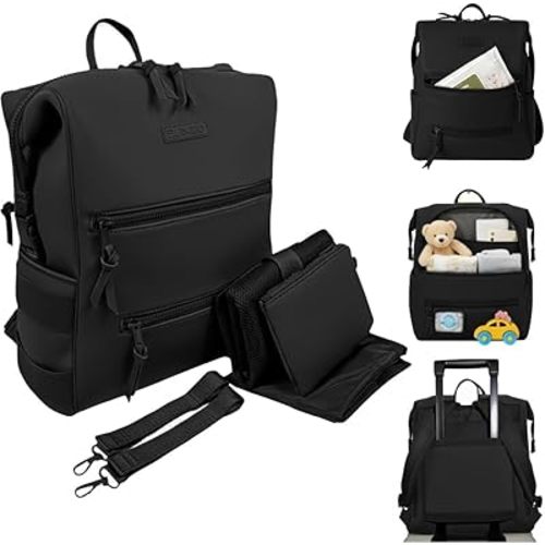 Neoprene Diaper Bag, Minimalist Backpack Diaper Bag with Pouch, Changing Pad, and Stroller Straps, Water Resistant and Lightweight Dad Diaper Bag, Diaper Bag Backpack, Black
