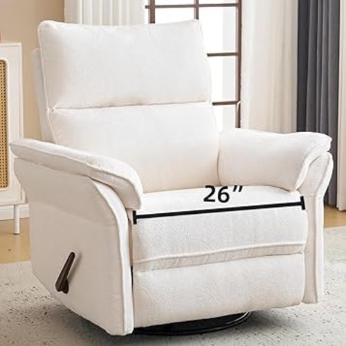 Oversized Recliner Chair, 26" Extra Wide 360° Swivel Rocker Recliner with Adjustable Headrest, Chenille Glider Rocking Nursery Chair with Overstuffed Armrest, Lumbar Support, White