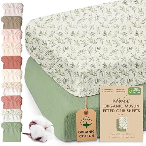 100% Organic Cotton Muslin Crib Sheets (Set of 2) – Soft & Breathable Fitted Sheets for Boys and Girls, Neutral Colors – Fits Standard Baby Crib Mattress (28 x 52 Inches) Green/Floral