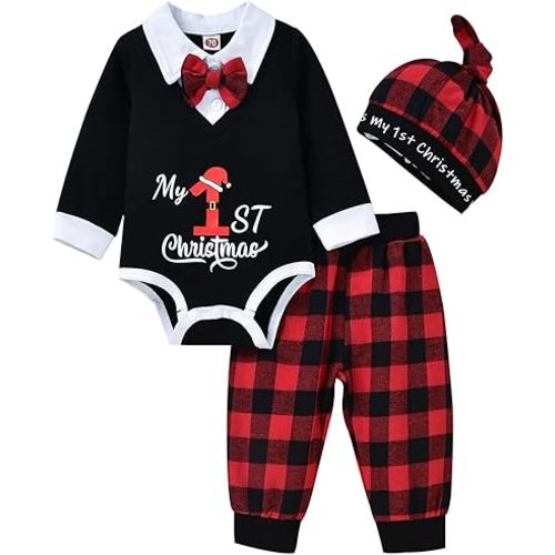 fioukiay Newborn Baby Boys Christmas Outfits Infant My First Christmas Clothes Set Kids Xmas Romper with Pants