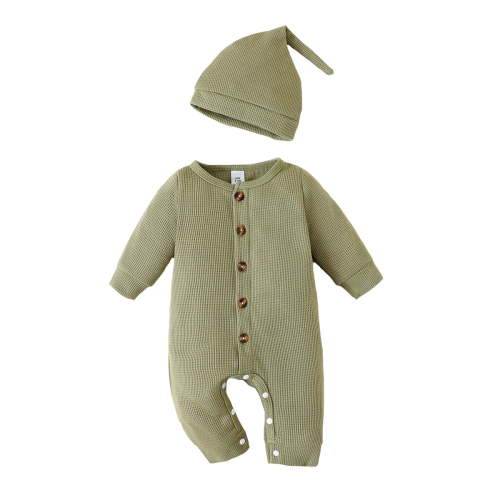 Newborn Baby Boys Clothes Baby Boys One-piece Romper Bodysuit Newborn Boys Long Sleeve Round Neckline Solid Color Romper Hat 2PCS Set Green 0-1 Months