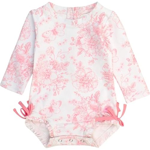 RuffleButts Baby Girls UPF 50+ Sun Protection Floral Printed Long Sleeve One Piece Rash Guard Swimsuit with Zipper