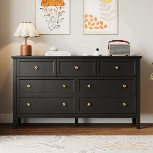 YouTrend 7 Black Drawer Dresser, Retro Wood Adult Dresser with Metal Handles for Bedroom,Living Room, Hallway