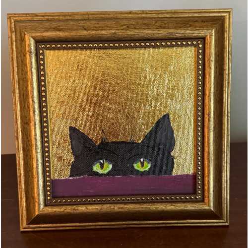 Black Cat Peeking – Original Hand-Painted Mini Painting with Gold Frame